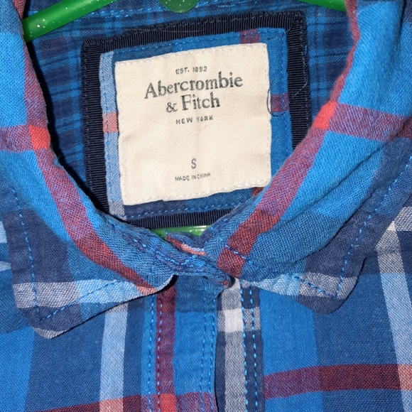 Abercrombie & Fitch Flannel Plaid Shirt Size Small Moose Logo Long Sleeve Blue - Picture 7 of 9
